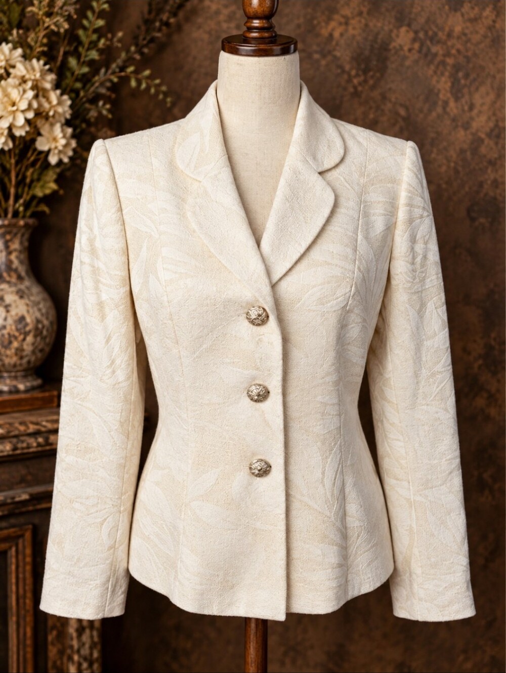NWT Nipon Boutique ivory/gold Tonal Jacquard Linen Blend Blazer Old Money sz 10